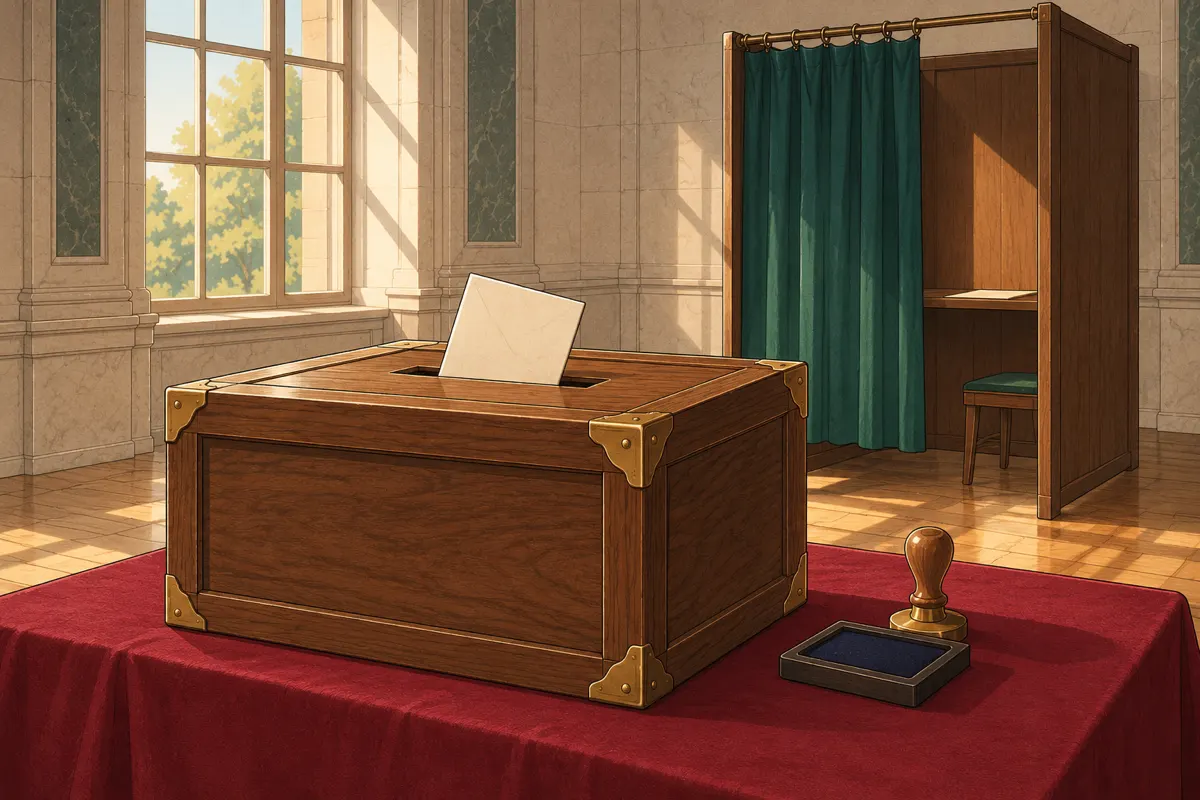 Illustration: a wooden ballot box with brass corners and a blank paper ballot in its slot, a rubber stamp and an ink pad beside it, and a voting booth with a green curtain behind