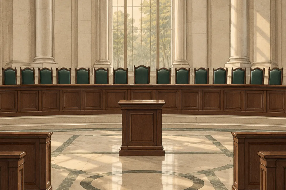 Illustration: a long curved wooden bench with 15 empty green leather chairs in a marble courtroom, a small lectern in front of it and tall windows behind