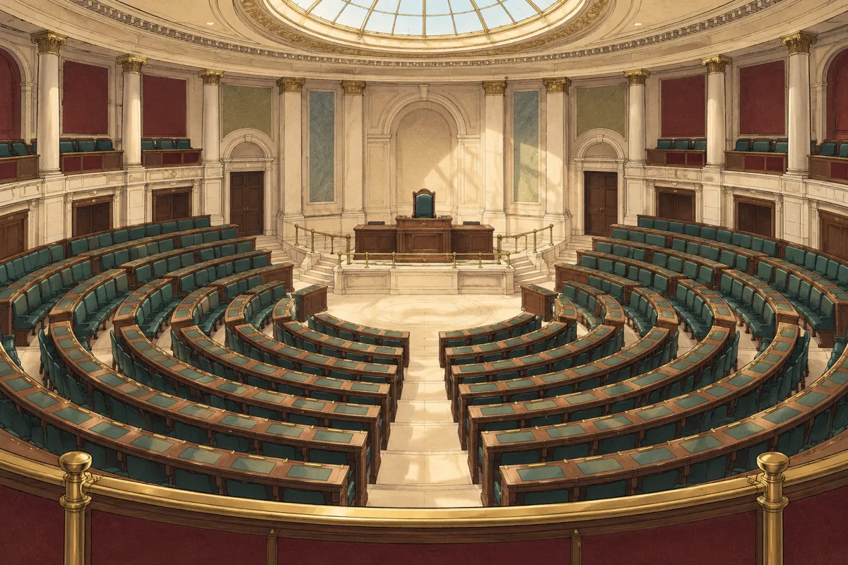 Illustration: an empty semicircular debating chamber with curved rows of green seats facing a central rostrum, tall columns and a glass dome above