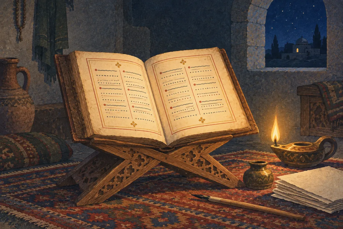 Иллюстрация: старинная рукописная книга раскрыта на низкой деревянной подставке в форме буквы X при свете лампы; письмо показано лишь рядами точек и волнистых линий
