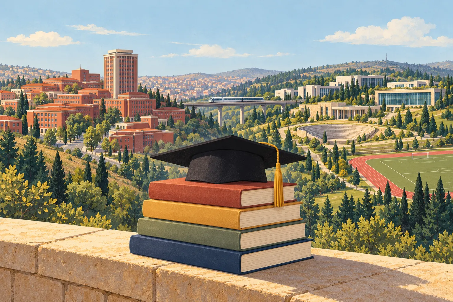 Illustratie: een stapel van vier blanco boeken met een afstudeerhoed op een lage zandstenen muur, voor een heuvel met links baksteenrode faculteitsgebouwen en een kliniektoren, rechts een groene campus met een openluchtamfitheater, een bibliotheek met glazen gevel, een atletiekbaan en donkere dennen, en een metroviaduct dat beide verbindt