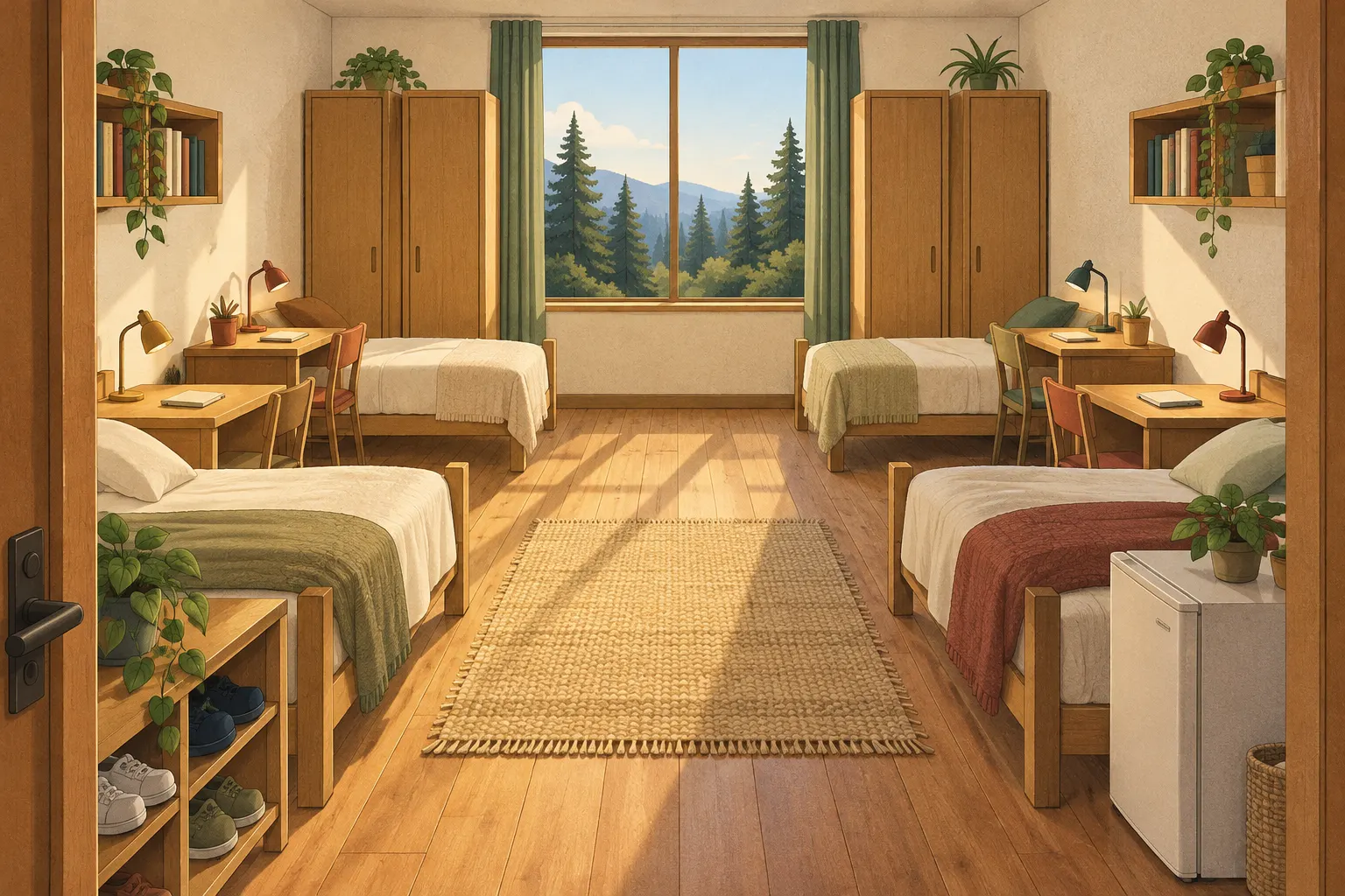 Illustratie: een lichte vierpersoonskamer in een studentenhuis, gezien vanuit de deuropening, met aan elke kant een bed en een bureau met een lamp, vier kledingkasten, een boekenkast, een kleine koelkast en een raam met uitzicht op dennen