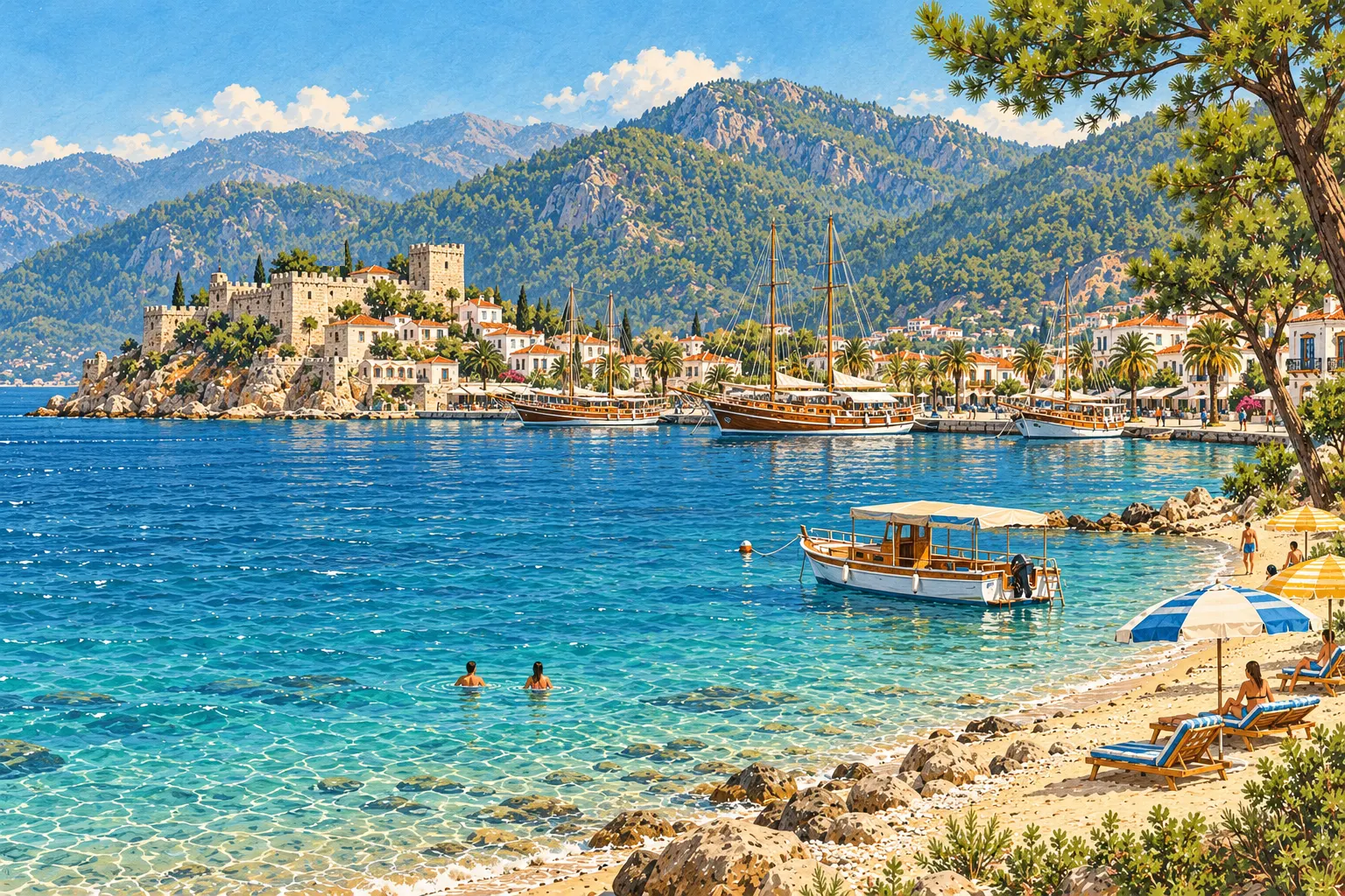 Ilustrație: portul Marmaris cu micul castel pe colina sa st&acirc;ncoasă, ambarcațiuni gulet din lemn la chei, un zid de munți acoperiți de pini și un golf turcoaz cu o plajă de nisip