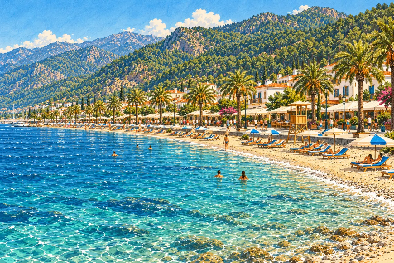 Ilustrație: plaja lungă a orașului Marmaris, cu o promenadă mărginită de palmieri, cafenele joase, un turn de salvamar și munți acoperiți de pini &icirc;n fundal