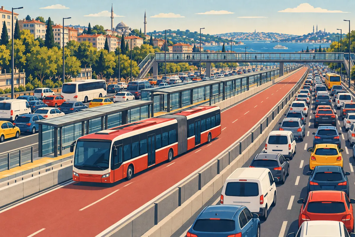 Ilustracja: długi czerwono-biały autobus na wydzielonym pasie obok wiaty przystankowej, po obu stronach pojazdy stojące w korku