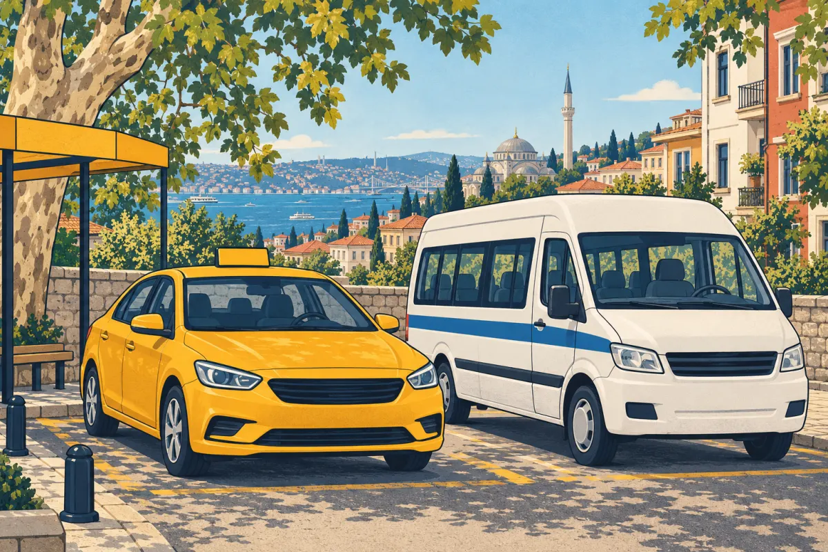 Ilustracja: żółta taksówka i biały minibus czekają obok siebie na postoju pod platanem, z Bosforem w tle