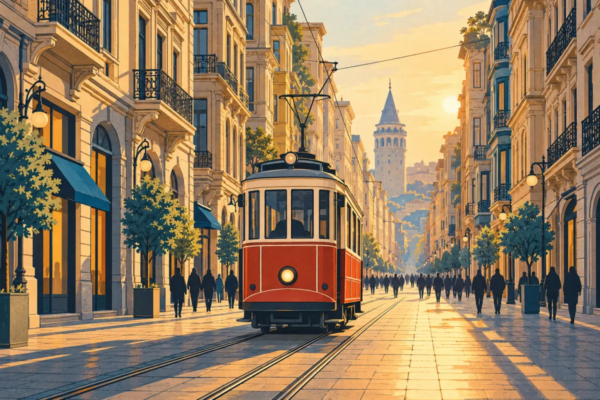 Ilustracja: czerwono-kremowy tramwaj retro na długim deptaku wśród kamiennych budynków, sylwetki spacerowiczów i wieża Galata w oddali