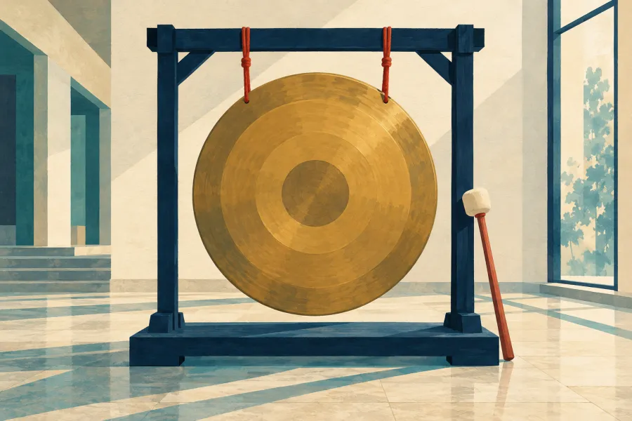 Illustration: ein großer runder Messinggong, der an Schnüren in einem Holzrahmen auf einem niedrigen Podest in einem hellen Foyer hängt, ein gepolsterter Schlägel lehnt am Rahmen