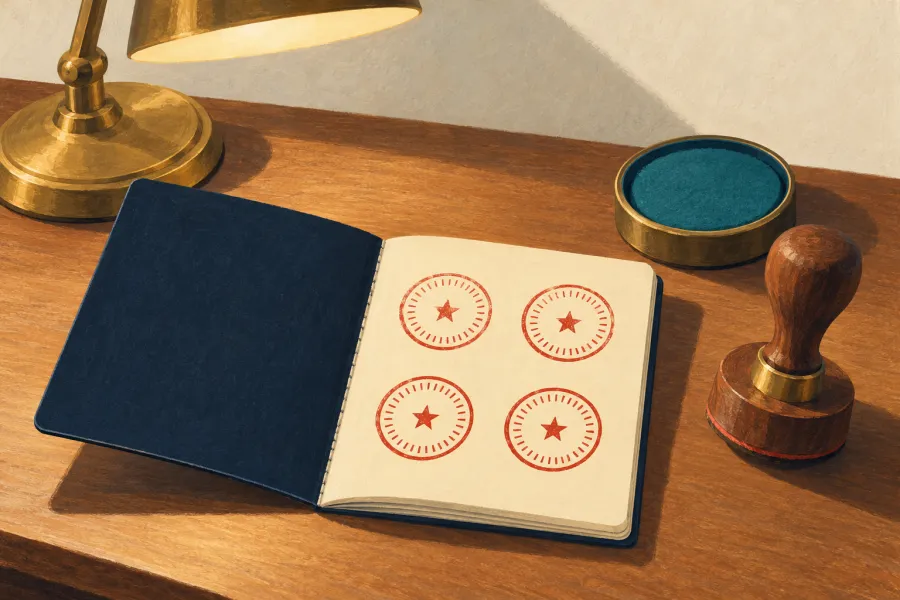 Illustration: ein Schreibtisch mit einem schlichten dunkelblauen Reiseheft, aufgeschlagen auf einer cremefarbenen Seite mit vier runden roten Stempelabdrücken, einem türkisgrünen Stempelkissen, einem Holzstempel und einer Messinglampe
