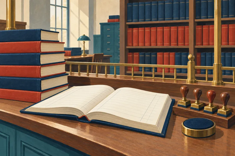 Illustration: ein Schalter in einer Registratur mit einem Stapel Geschäftsbücher ohne Rückenbeschriftung, einem auf leeren linierten Seiten aufgeschlagenen Buch und einem Gestell mit Gummistempeln aus Messing und Holz neben einem Stempelkissen