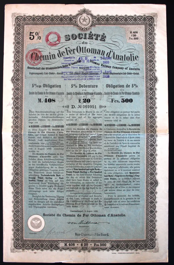 A 5% bond certificate of the Soci&eacute;t&eacute; du Chemin de Fer Ottoman d&rsquo;Anatolie in a grey-green frame, with the text in French, German and English
