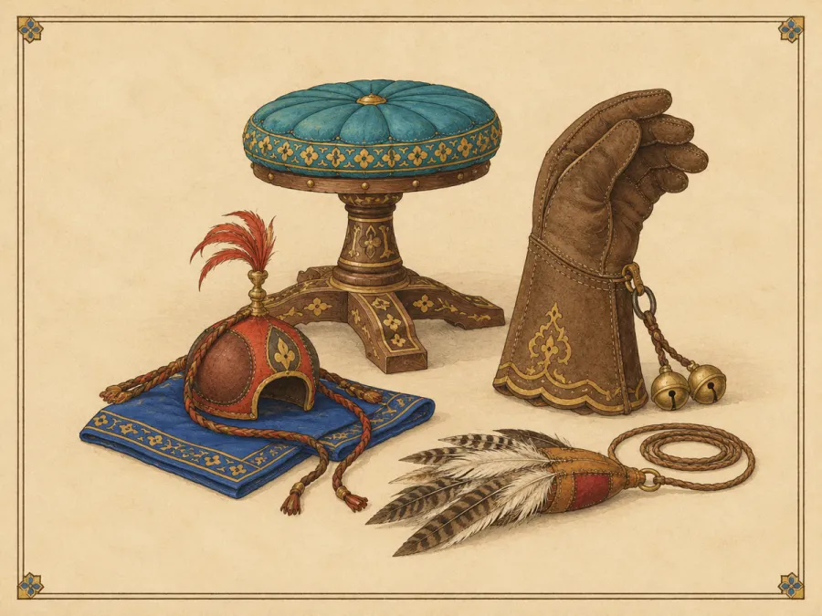 Ilustración: una percha acolchada de cetrería, una caperuza de cuero con penacho para halcón, un guante de cuero vacío con cascabeles y un señuelo con plumas