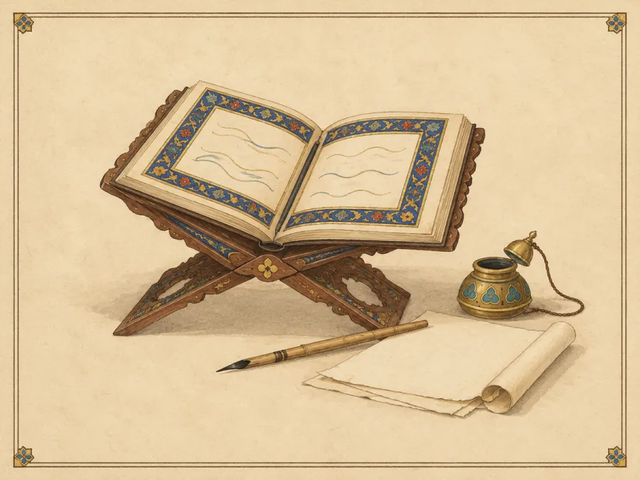 Ilustración: un atril de lectura plegable de madera con un manuscrito iluminado abierto, un cálamo, un tintero y hojas sueltas