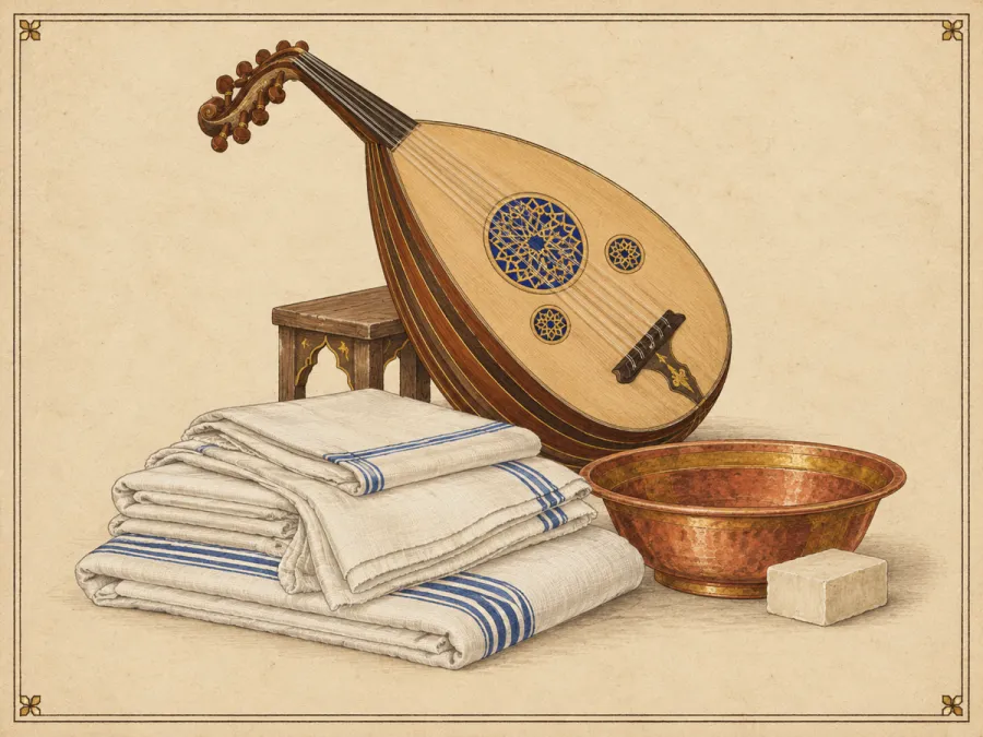 Ilustración: un laúd de cuerpo en forma de pera apoyado en un taburete, con toallas de lino a rayas dobladas, una palangana de cobre y una pastilla de jabón