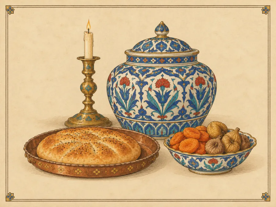 Ilustración: un candelero con una vela encendida, un tarro de porcelana con tapa, una bandeja de cobre con un pan redondo y un cuenco de albaricoques e higos secos