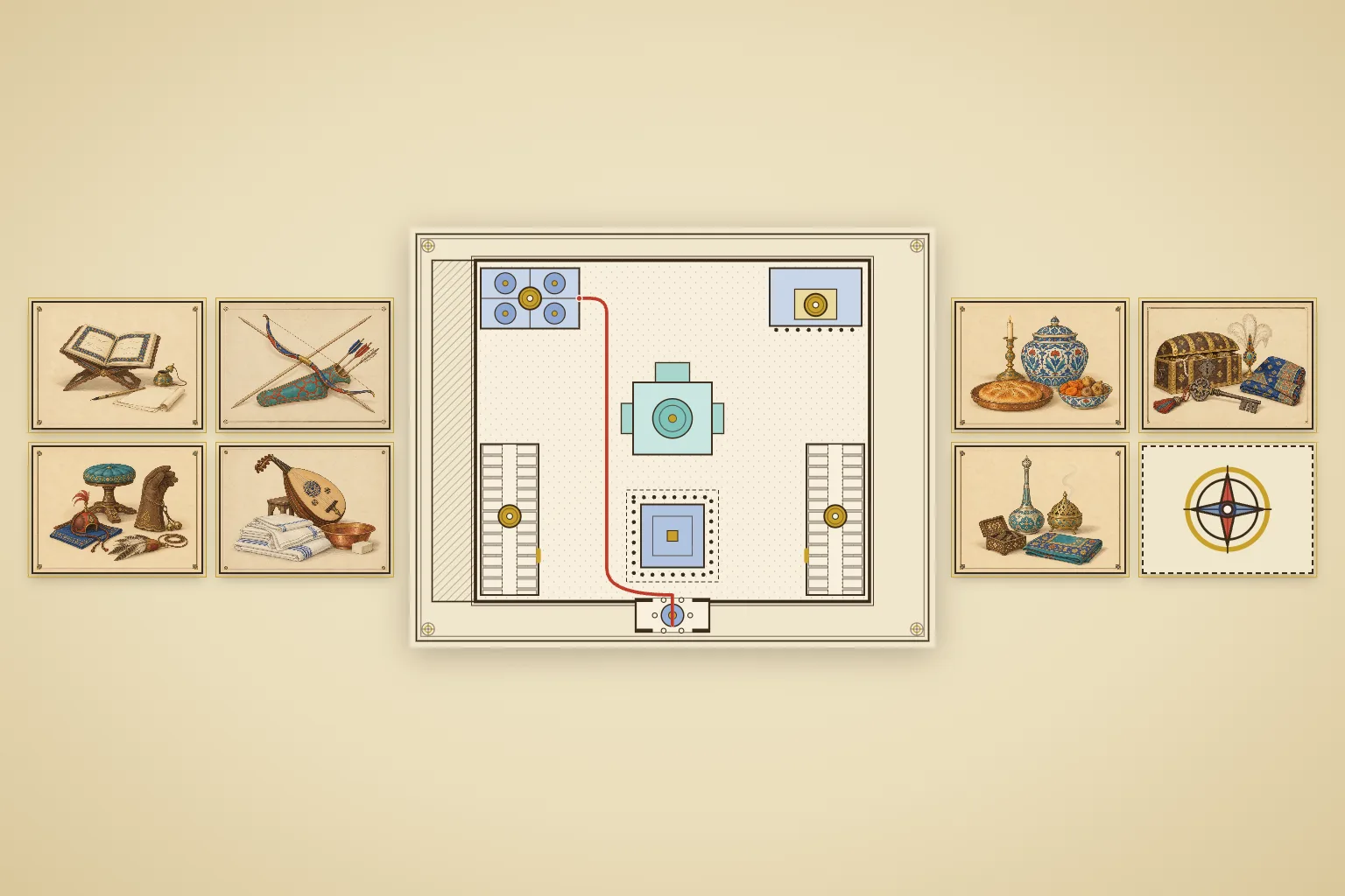 Ilustración: un plano del Tercer Patio del Palacio de Topkapı sobre vitela, con un recorrido rojo desde la puerta hasta una sala y siete sellos dorados