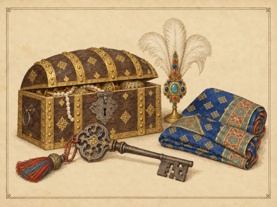 Ilustración: un cofre de madera con tapa abovedada y guarniciones de oro del que asoman perlas, una llave de hierro ornamentada con borla, un penacho de joyas sobre un soporte y una túnica de seda doblada