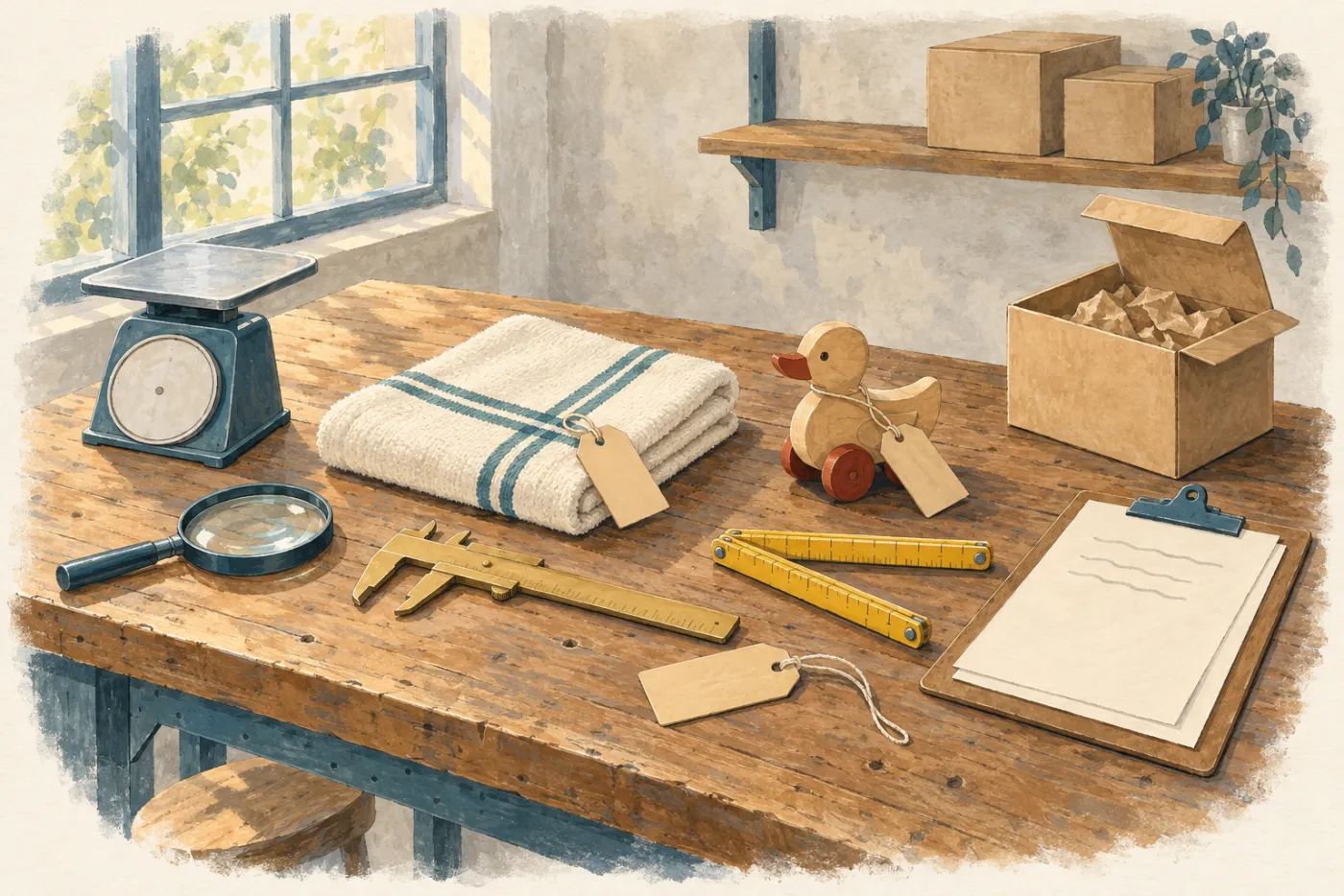 Ilustración: una mesa de trabajo con una toalla de rayas doblada y un pequeño pato de juguete de madera como muestras de productos, junto a un calibre de latón, una regla plegable amarilla, una balanza pequeña, una lupa, etiquetas de papel kraft en blanco, una caja de cartón abierta y un portapapeles con hojas en blanco