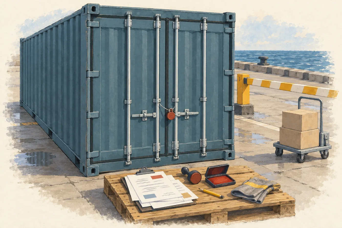Ilustración: las puertas cerradas de un contenedor de carga liso con un precinto rojo entre las manillas; delante, sobre un palé, un portapapeles con hojas, un sello redondo, una almohadilla de tinta y un par de guantes de trabajo; una barrera de rayas y una carretilla pequeña con dos cajas de cartón