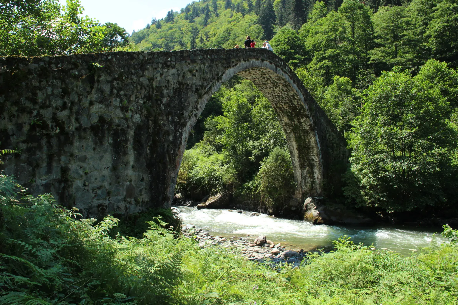 Un pont en arc de pierre couvert de mousse au-dessus d’eaux vives écumantes, entre des versants boisés, avec quelques petites silhouettes sur le pont