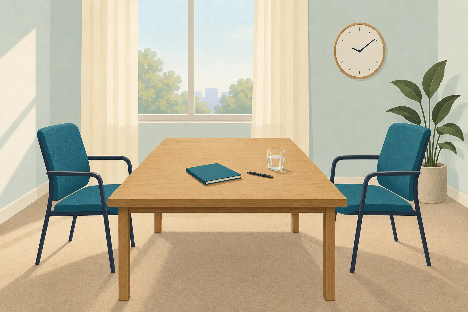 Ilustração: uma sala de entrevista vazia com uma mesa, duas cadeiras vazias frente a frente, um caderno fechado, um copo de água e um relógio de parede sem números; sem pessoas