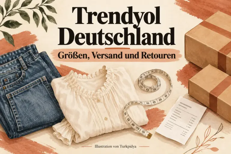 Illustration mit Kleidung, Maßband, Paketen und dem Titel Trendyol Deutschland: Größen, Versand und Retouren