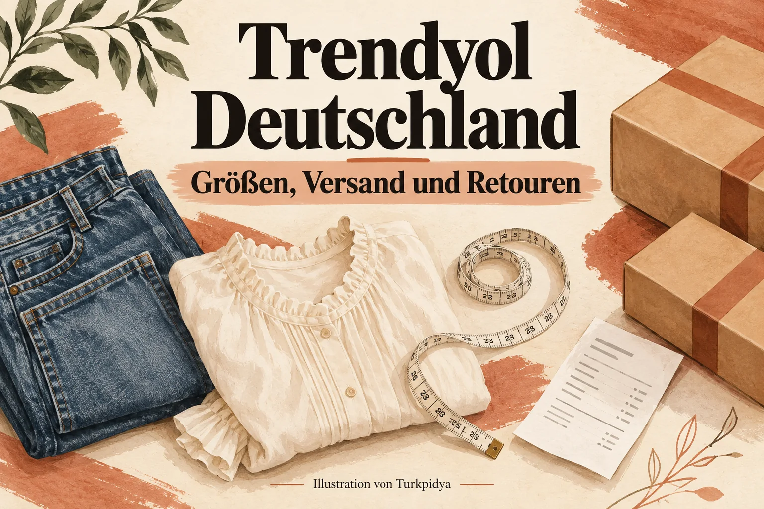 Illustration mit Kleidung, Maßband, Paketen und dem Titel Trendyol Deutschland: Größen, Versand und Retouren