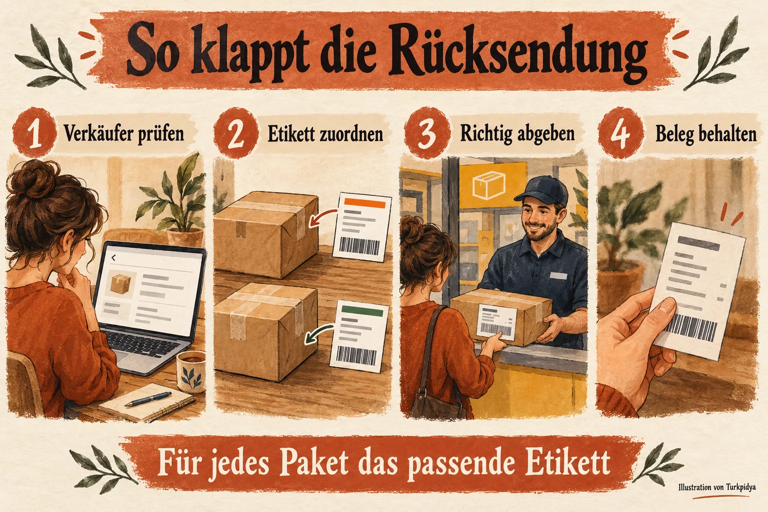 Vier Schritte für die Rücksendung: Verkäufer prüfen, Etikett zuordnen, richtig abgeben und Beleg behalten