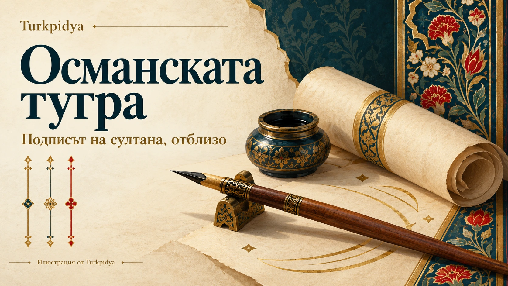 Османската тугра: художествена илюстрация с хартия, мастилница и перо, без възпроизведен исторически надпис