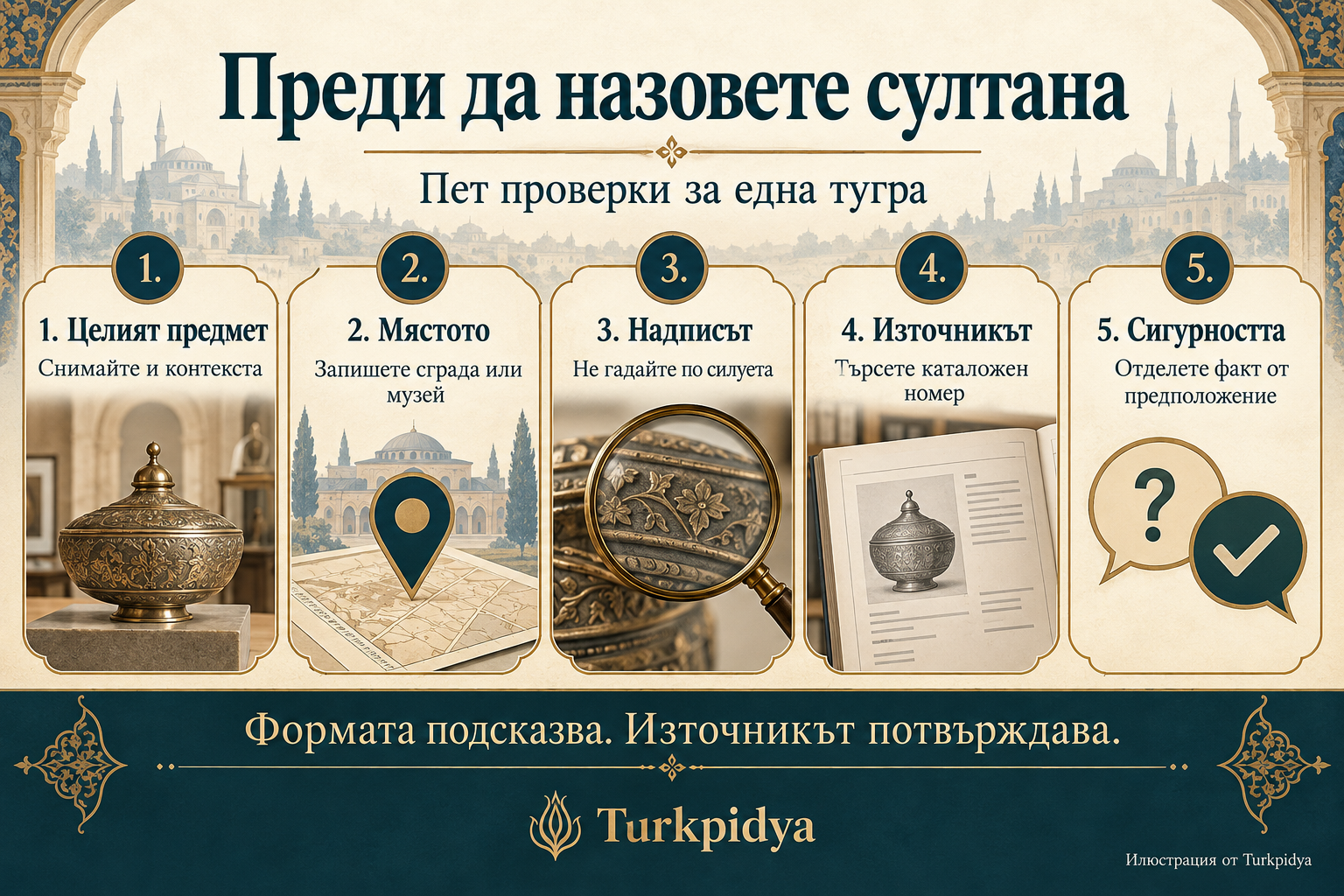 Пет проверки: целият предмет, мястото, надписът, източникът и сигурността; всички стъпки са изписани и в текста