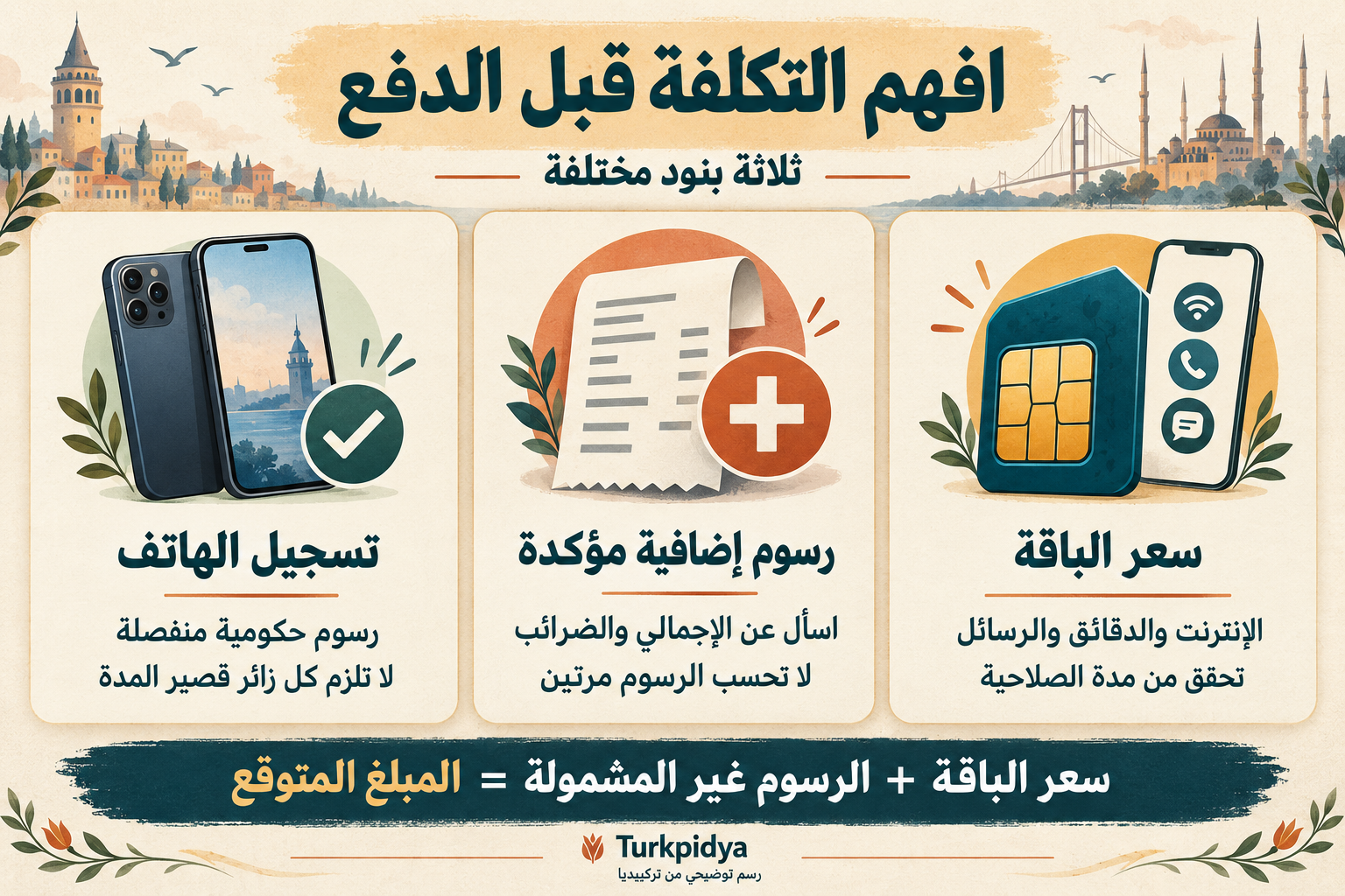 ثلاثة بنود منفصلة: سعر الباقة والرسوم الإضافية المؤكدة ورسوم تسجيل الهاتف الحكومية