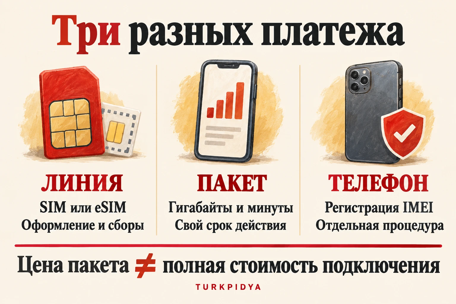 Три разных платежа: оформление линии SIM или eSIM; пакет гигабайтов и минут со своим сроком; отдельная процедура регистрации телефона по IMEI. Цена пакета не равна полной стоимости подключения.