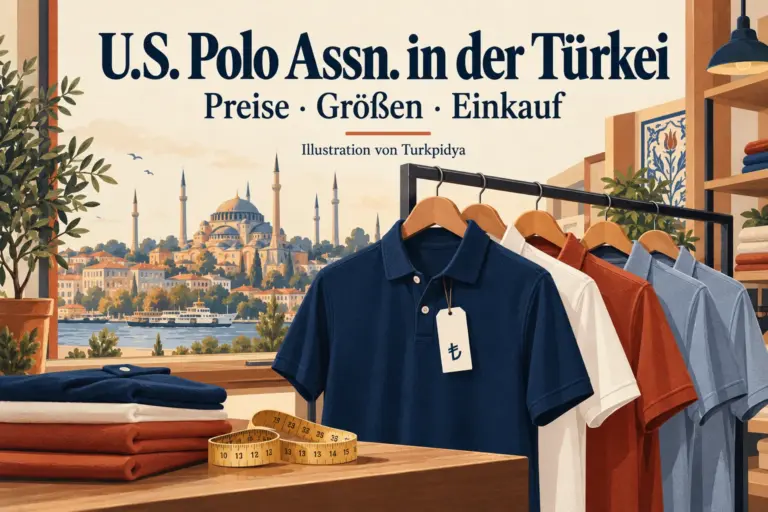 Illustration zum Einkauf bei U.S. Polo Assn. in der Türkei: Poloshirts, Maßband und Lira-Preisschild
