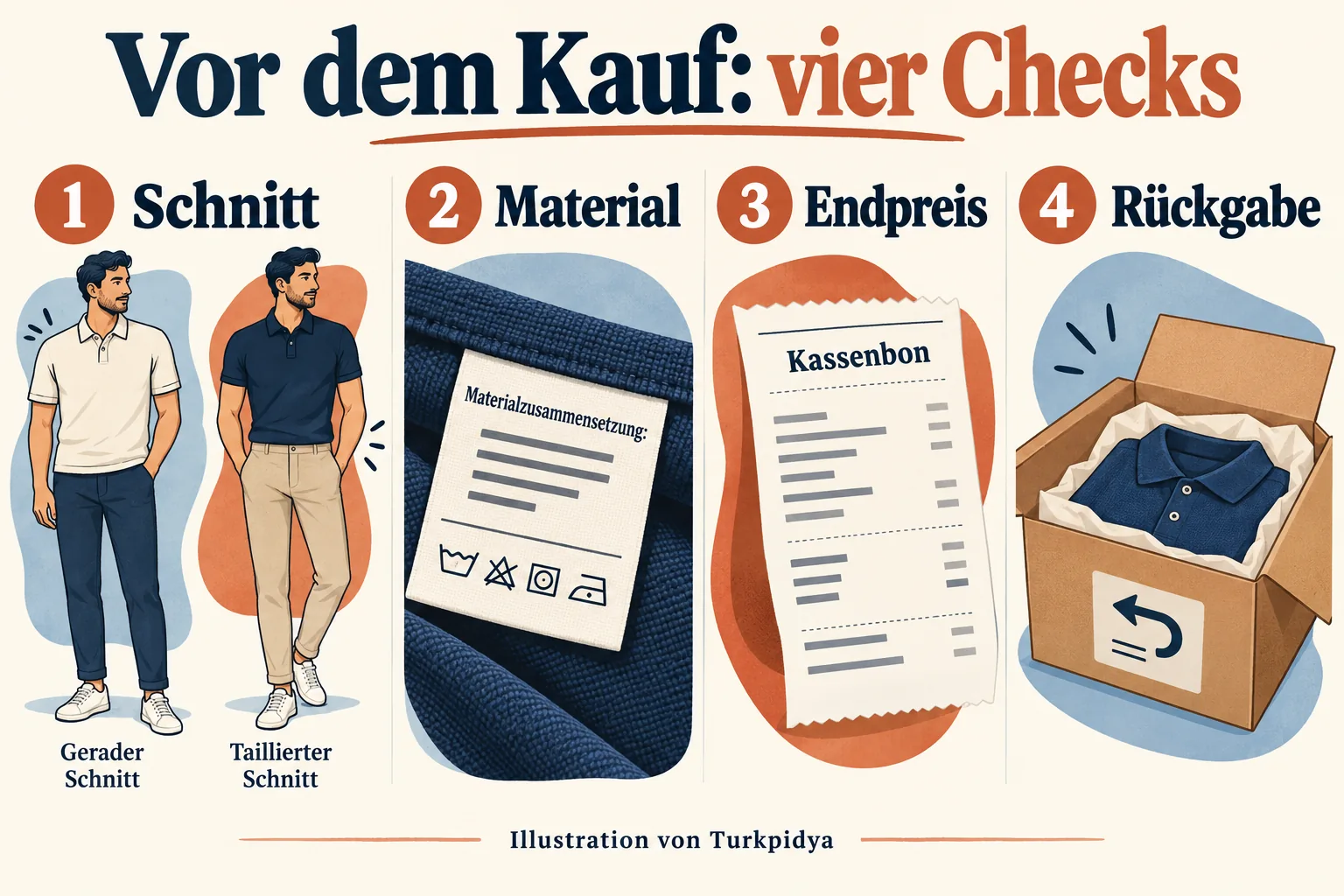 Vier Kontrollen vor dem Kauf: Schnitt, Materialetikett, Endpreis und Rückgabeweg