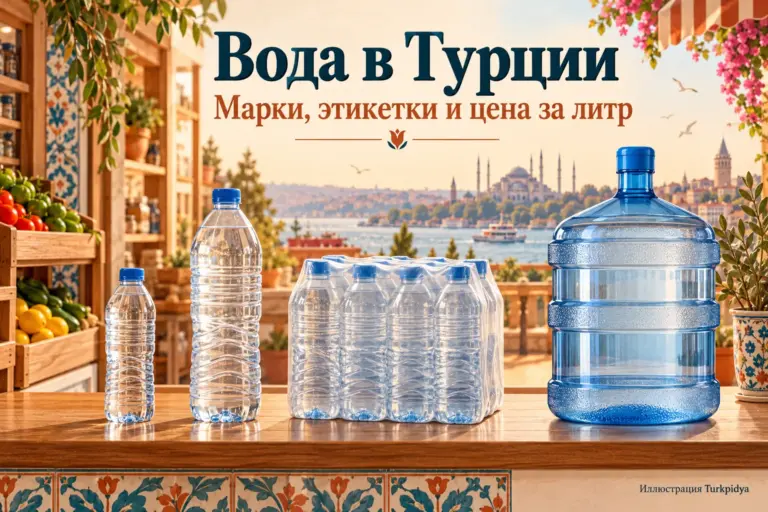Вода в Турции: небольшие бутылки, упаковка и возвратная бутыль на прилавке