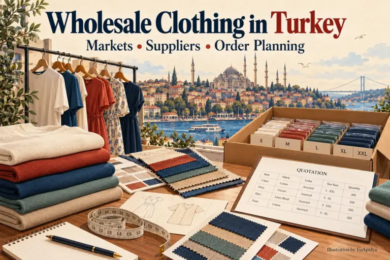 Illustrated clothing sourcing table with packs, fabric samples and a quotation sheet