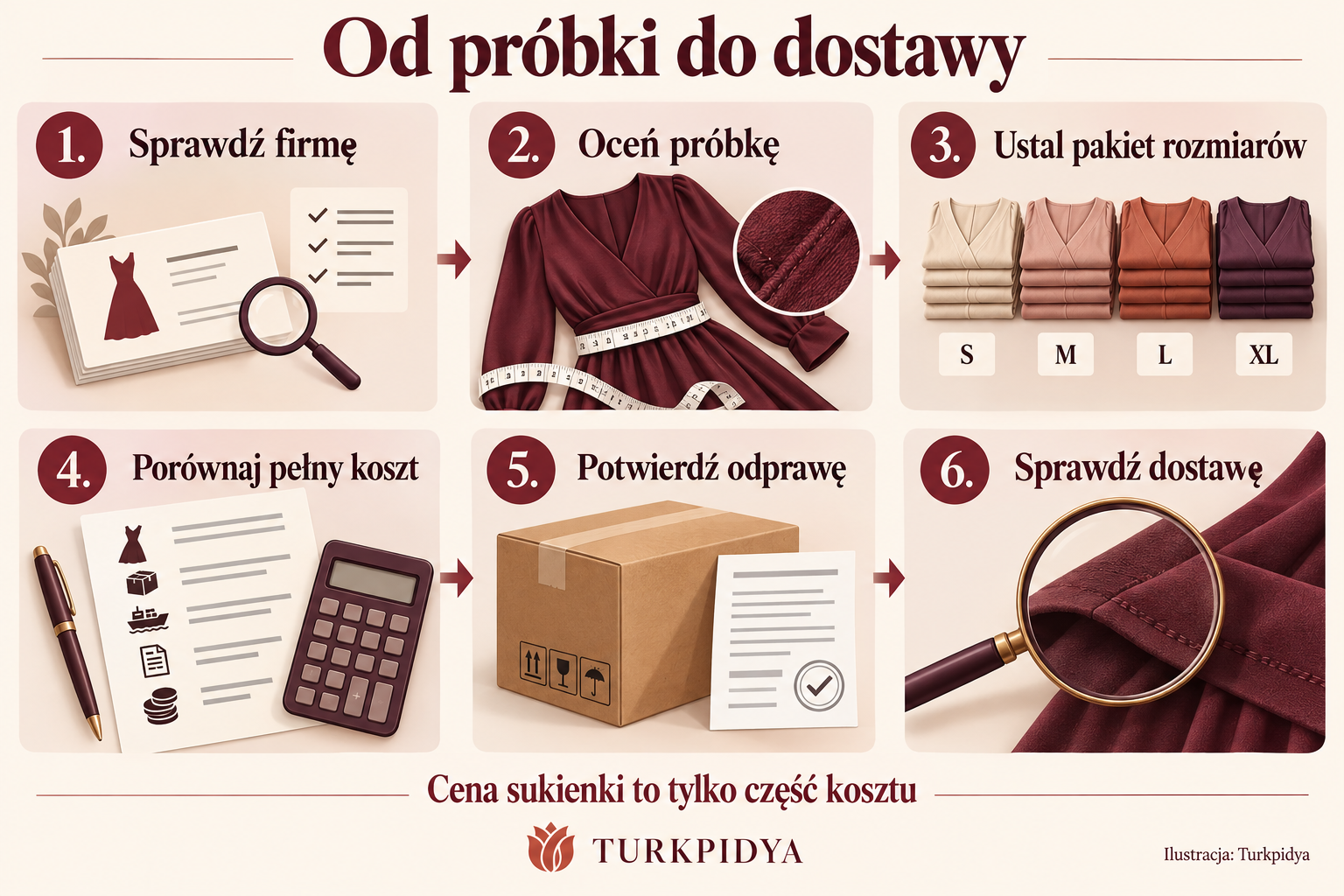 Sześć kroków: sprawdź firmę, oceń próbkę, ustal pakiet rozmiarów, porównaj pełny koszt, potwierdź odprawę i sprawdź dostawę
