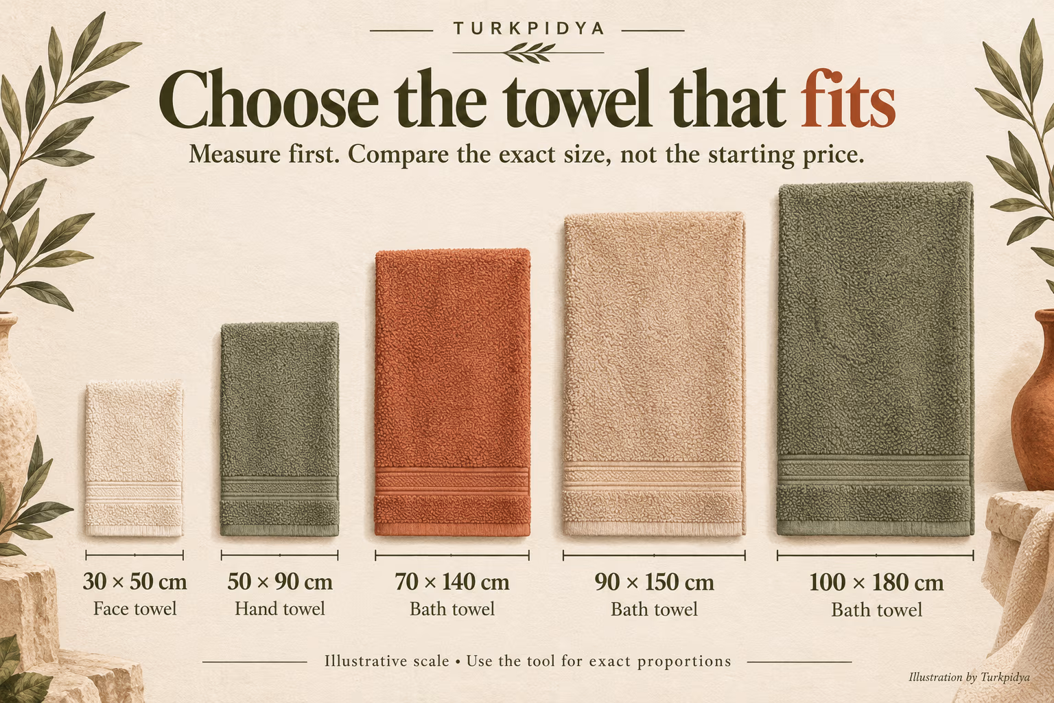 Five towel sizes: 30 × 50, 50 × 90, 70 × 140, 90 × 150 and 100 × 180 centimetres